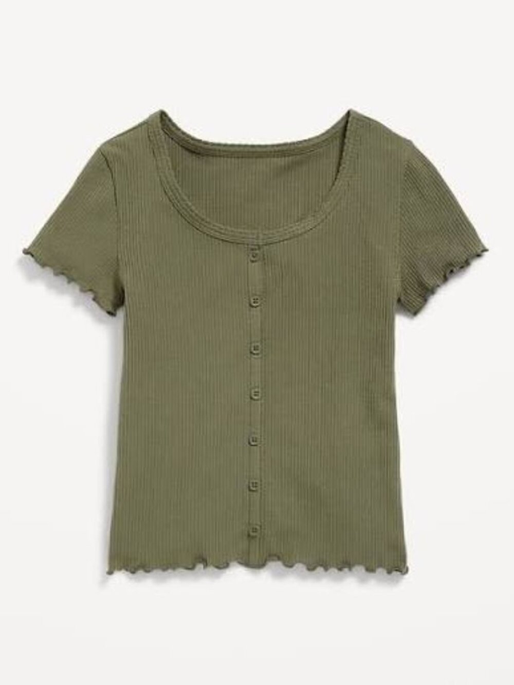 EUC Old Navy Rib-Knit Button-Front Lettuce-Edge Top olive green youth L 10-12